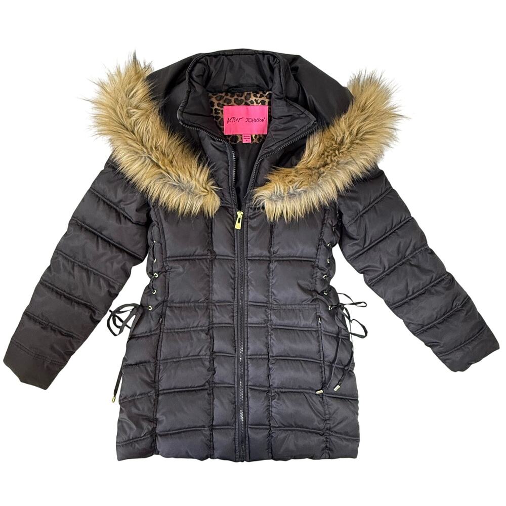 BETSEY JOHNSON Sz Small Puffer Coat Mid Length Lace Up Sides Faux Fur Trim Hood - Picture 2 of 7